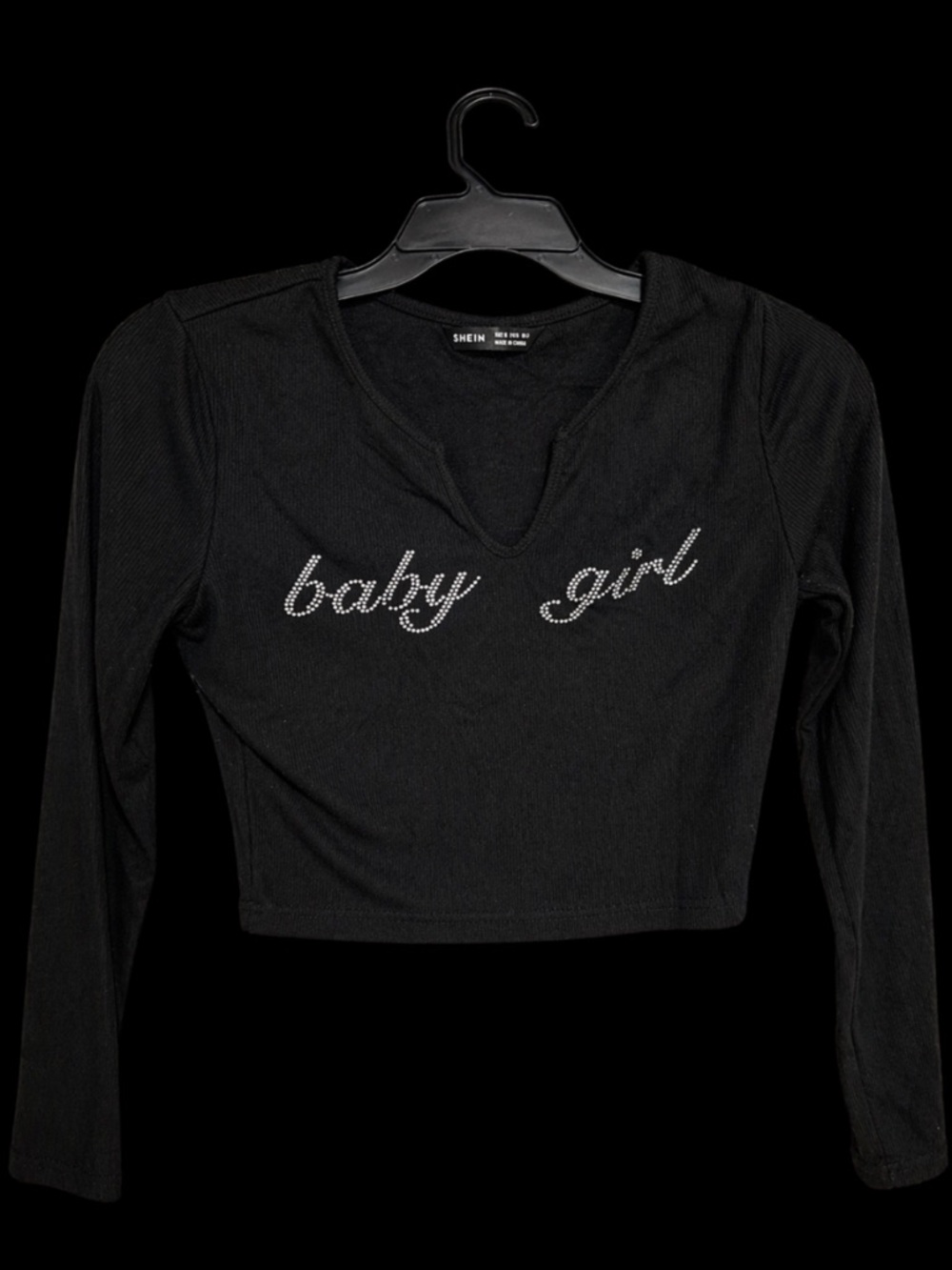 SHEIN Black Rhinestone 'baby girl' V-Notch Long Sleeve Crop Top